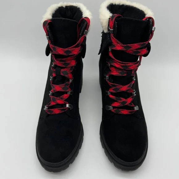 Jellypop Black Heeled Ankle Boots Red Plaid Laces Faux Fur Trim Lug Sole Size 9M - Picture 13 of 13